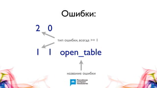 Ошибки:
2 0
тип ошибки, всегда >= 1

1 1 open_table
название ошибки

 