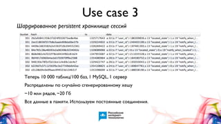 Use case 3
Шардированное persistent хранилище сессий

Теперь 10 000 таблиц/100 баз, 1 MySQL, 1 сервер
Распределены по случайно сгенерированному хешу
~10 млн рядов, ~20 Гб
Все данные в памяти. Используем постоянные соединения.

 