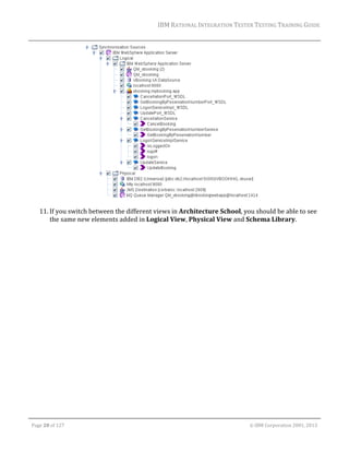IBM	RATIONAL	INTEGRATION	TESTER	TESTING	TRAINING	GUIDE	
	

	
11. If	you	switch	between	the	different	views	in	Architecture	School,	you	should	be	able	to	see	
the	same	new	elements	added	in	Logical	View,	Physical	View	and	Schema	Library.	

	
Page	20	of	127																																																																																																																																																																				©	IBM	Corporation	2001,	2013	

 