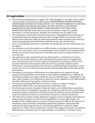 VIRTUALIZATION	WITH	IBM	RATIONAL	INTEGRATION	TESTER	
	

24 Legal notices
















The	following	paragraph	does	not	apply	to	the	United	Kingdom	or	any	other	country	where	
such	provisions	are	inconsistent	with	local	law:	INTERNATIONAL	BUSINESS	MACHINES	
CORPORATION	PROVIDES	THIS	PUBLICATION	"AS	IS"	WITHOUT	WARRANTY	OF	ANY	KIND,	
EITHER	EXPRESS	OR	IMPLIED,	INCLUDING,	BUT	NOT	LIMITED	TO,	THE	IMPLIED	
WARRANTIES	OF	NON‐INFRINGEMENT,	MERCHANTABILITY	OR	FITNESS	FOR	A	
PARTICULAR	PURPOSE.	Some	states	do	not	allow	disclaimer	of	express	or	implied	
warranties	in	certain	transactions,	therefore,	this	statement	may	not	apply	to	you.	
This	information	could	include	technical	inaccuracies	or	typographical	errors.	Changes	are	
periodically	made	to	the	information	herein;	these	changes	will	be	incorporated	in	new	
editions	of	the	publication.	IBM	may	make	improvements	and/or	changes	in	the	product(s)	
and/or	the	program(s)	described	in	this	publication	at	any	time	without	notice.	
If	you	are	viewing	this	information	in	softcopy,	the	photographs	and	color	illustrations	may	
not	appear.	
Any	references	in	this	information	to	non‐IBM	websites	are	provided	for	convenience	only	
and	do	not	in	any	manner	serve	as	an	endorsement	of	those	websites.	The	materials	at	those	
websites	are	not	part	of	the	materials	for	this	IBM	product	and	use	of	those	websites	is	at	
your	own	risk.	
Any	performance	data	contained	herein	was	determined	in	a	controlled	environment.	
Therefore,	the	results	obtained	in	other	operating	environments	may	vary	significantly.	
Some	measurements	may	have	been	made	on	development‐level	systems	and	there	is	no	
guarantee	that	these	measurements	will	be	the	same	on	generally	available	systems.	
Furthermore,	some	measurements	may	have	been	estimated	through	extrapolation.	Actual	
results	may	vary.	Users	of	this	document	should	verify	the	applicable	data	for	their	specific	
environment.	
Information	concerning	non‐IBM	products	was	obtained	from	the	suppliers	of	those	
products,	their	published	announcements	or	other	publicly	available	sources.	IBM	has	not	
tested	those	products	and	cannot	confirm	the	accuracy	of	performance,	compatibility	or	any	
other	claims	related	to	non‐IBM	products.	Questions	on	the	capabilities	of	non‐IBM	products	
should	be	addressed	to	the	suppliers	of	those	products.	
All	statements	regarding	IBM's	future	direction	or	intent	are	subject	to	change	or	
withdrawal	without	notice,	and	represent	goals	and	objectives	only.	
This	information	contains	examples	of	data	and	reports	used	in	daily	business	operations.	
To	illustrate	them	as	completely	as	possible,	the	examples	include	the	names	of	individuals,	
companies,	brands,	and	products.	All	of	these	names	are	fictitious	and	any	similarity	to	the	
names	and	addresses	used	by	an	actual	business	enterprise	is	entirely	coincidental.	
This	information	contains	sample	application	programs	in	source	language,	which	illustrate	
programming	techniques	on	various	operating	platforms.	You	may	copy,	modify,	and	
distribute	these	sample	programs	in	any	form	without	payment	to	IBM,	for	the	purposes	of	
developing,	using,	marketing	or	distributing	application	programs	conforming	to	the	
application	programming	interface	for	the	operating	platform	for	which	the	sample	
programs	are	written.	These	examples	have	not	been	thoroughly	tested	under	all	conditions.	
IBM,	therefore,	cannot	guarantee	or	imply	reliability,	serviceability,	or	function	of	these	

	
Page	153	of	154																																																																																																																																															©	IBM	Corporation	2001,	2013	

 