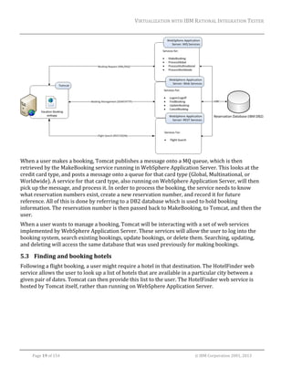 VIRTUALIZATION	WITH	IBM	RATIONAL	INTEGRATION	TESTER	
	

		
When	a	user	makes	a	booking,	Tomcat	publishes	a	message	onto	a	MQ	queue,	which	is	then	
retrieved	by	the	MakeBooking	service	running	in	WebSphere	Application	Server.	This	looks	at	the	
credit	card	type,	and	posts	a	message	onto	a	queue	for	that	card	type	(Global,	Multinational,	or	
Worldwide).	A	service	for	that	card	type,	also	running	on	WebSphere	Application	Server,	will	then	
pick	up	the	message,	and	process	it.	In	order	to	process	the	booking,	the	service	needs	to	know	
what	reservation	numbers	exist,	create	a	new	reservation	number,	and	record	it	for	future	
reference.	All	of	this	is	done	by	referring	to	a	DB2	database	which	is	used	to	hold	booking	
information.	The	reservation	number	is	then	passed	back	to	MakeBooking,	to	Tomcat,	and	then	the	
user.	
When	a	user	wants	to	manage	a	booking,	Tomcat	will	be	interacting	with	a	set	of	web	services	
implemented	by	WebSphere	Application	Server.	These	services	will	allow	the	user	to	log	into	the	
booking	system,	search	existing	bookings,	update	bookings,	or	delete	them.	Searching,	updating,	
and	deleting	will	access	the	same	database	that	was	used	previously	for	making	bookings.	

5.3 Finding	and	booking	hotels	
Following	a	flight	booking,	a	user	might	require	a	hotel	in	that	destination.	The	HotelFinder	web	
service	allows	the	user	to	look	up	a	list	of	hotels	that	are	available	in	a	particular	city	between	a	
given	pair	of	dates.	Tomcat	can	then	provide	this	list	to	the	user.	The	HotelFinder	web	service	is	
hosted	by	Tomcat	itself,	rather	than	running	on	WebSphere	Application	Server.	

	
Page	19	of	154																																																																																																																																															©	IBM	Corporation	2001,	2013	

 