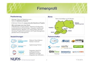 3
Firmenprofil
11.04.2014
• Alleiniger Fokus auf Salesforce.com –
Nefos ist Salesforce-Experte!
• Erfahrener Partner für anspruchsvolle Salesforce-Projekte
• Alle Leistungen aus einer Hand:
CRM-Blueprint, Prozess-Design, Salesforce-Konfiguration,
kundenspezifische Entwicklungen, Integration bestehender
Softwaresysteme, Migration von Legacy-Daten, Benutzer-
Schulung, Projekt-Kommunikation und Projekt-Management,
globales Roll-Out Management
Positionierung
Auszeichnungen
Nefos beschäftigt rund 40 Berater
Büros
Platinum Cloud Alliance
Partner in D-A-CH
Integration Award für
außergewöhnliche
Salesforce.com-SAP
Integration bei CWS-boco
Partnerschaften
AppExchange Partner
 