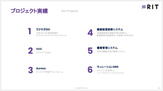 21© 2020 RIT Inc.
1 ラクサガGO
大型トラックと重量荷物の
ダイレクトマッチングプラットフォーム
2 VoV
ヴィンテージWiki
3 Axross
エンジニア学習プラットフォーム
4
健康経営診断システム
HR関連施策の実施状況を可視化し、
健康経営の推進度合いを診断できるSaaS
5
書籍管理システム
社内の書籍の貸出管理システム
プロジェクト実績 Our Projects
6
キュレーションSNS
AIエンジンを活用した
ニュースキュレーションシステム
 
