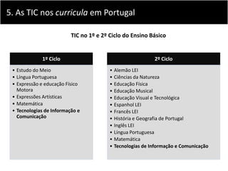 5. 7. As TIC nos curricula em Portugal
   As TIC nos curricula em Portugal

                          TIC no 1º e 2º Ciclo...
