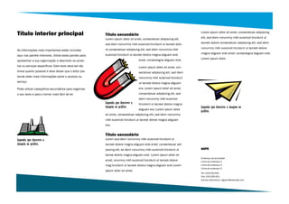 Título interior principal                                 Título secundário
                                                                                                                         Lorem ipsum dolor sit amet, consectetuer adipiscing

                                                          Lorem ipsum dolor sit amet, consectetuer adipiscing elit,      elit, sed diem nonummy nibh euismod tincidunt ut

                                                          sed diem nonummy nibh euismod tincidunt ut lacreet dolo-       lacreet dolore consectetuer adipiscing elit, sed diem

                                                          re consectetuer adipiscing elit, sed diem nonummy nibh         nonummy nibh euismod tincidunt ut lacreet dolore
As informações mais importantes estão incluídas
                                                          euismod tincidunt ut lacreet dolore magna aliguam erat         magna aliguam erat amet, consectegna aliguam erat.
aqui nos painéis interiores. Utilize estes painéis para
                                                                                   amet, consectegna aliguam erat.       Lorem ipsum dolor.
apresentar a sua organização e descrever os produ-
tos ou serviços específicos. Este texto deve ser tão                               Lorem ipsum dolor sit amet, con-
breve quanto possível e deve deixar que o leitor pre-                              sectetuer adipiscing elit, sed diem
tenda obter mais informações sobre o produto ou                                    nonummy nibh euismod tincidunt
serviço.                                                                           ut lacreet dolore magna aliguam
Pode utilizar cabeçalhos secundários para organizar                                era. Lorem ipsum dolor sit amet,
o seu texto e para o tornar mais fácil de ler.                                     consectetuer adipiscing elit, sed
                                                                                   diem nonummy nibh euismod
                                                          Legenda que descreve a   tincidunt ut lacreet dolore magna
                                                          imagem ou gráfico.                                             Legenda que descreve a imagem ou
                                                                                   aliguam era. Lorem ipsum dolor
                                                                                                                         gráfico.
                                                          sit amet, consectetuer adipiscing elit, sed diem nonummy
                                                          nibh euismod tincidunt ut lacreet dolore magna aliguam
                                                          era.


                                                          Título secundário
Legenda que descreve a                                    Lorem sed diem nonummy nibh euismod tincidunt ut
imagem ou gráfico.                                        lacreet dolore magna aliguam erat amet, consectetuer adi-
                                                          piscing elit, se diem nonummy nibh euismod tincidunt ut        GEPE
                                                          lacree dolore magna aliguam erat Lorem ipsum dolor sit
                                                                                                                         Endereço da actividade
                                                          amet, onummy nibh euismod tincidunt ut lacreet dolore          Linha de endereço 2
                                                          mag tincidunt ut lacreet dolore magna aliguam erat Lorem       Linha de endereço 3
                                                                                                                         Linha de endereço 4
                                                          ipsum dolor sit amet.
                                                                                                                         Tel: 219-235-401
                                                                                                                         Fax: 219-235-401
                                                                                                                         Correio electrónico: alguem@example.com
 
