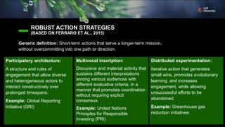 ROBUST ACTION STRATEGIES
(BASED ON FERRARO ET AL., 2015)
Generic definition: Short-term actions that serve a longer-term mission,
without overcommitting into one path or direction.
Participatory architecture:
A structure and rules of
engagement that allow diverse
and heterogeneous actors to
interact constructively over
prolonged timespans.
Example: Global Reporting
Initiative (GRI)
Multivocal inscription:
Discursive and material activity that
sustains different interpretations
among various audiences with
different evaluative criteria, in a
manner that promotes coordination
without requiring explicit
consensus.
Example: United Nations
Principles for Responsible
Investing (PRI)
Distributed experimentation:
Iterative action that generates
small wins, promotes evolutionary
learning, and increases
engagement, while allowing
unsuccessful efforts to be
abandoned.
Example: Greenhouse gas
reduction initiatives
 