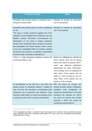 Principais resultados                                         Dados


Percepção mais profunda sobre as motivações para a             Retirados de excertos de discussões
utilização de redes sociais.                                   com os focus groups.


Percepção mais profunda sobre os níveis e sofisticação         Retirados de excertos de discussões
no uso.                                                        com os focus groups.
“The types of activity evidenced suggests that of the
categories of user identified from the literature, there are
Readers, Gamers, File-sharers, Communicators and
Newscasters (in the sense of sharing experience
through social networking sites) amongst the learners
who participated in this study. However, when it comes
to the more sophisticated Web 2.0 activities, relatively
few learners are producers or publishers of self-created
content for wider consumption using Web 2.0.”
“There is a large discrepancy between in-school and            Apesar de a Wikipedia ser utilizada de
out-of-school Web 2.0 use.”                                    forma massiva tanto fora da escola
                                                               (66%) como dentro da escola (73%)26,
                                                               existe   uma     diferença   significativa
                                                               relativamente às outras ferramentas.
                                                               Como exemplo, ouvir um programa de
                                                               rádio online, 41,4% apenas fora da
                                                               escola vs. 5,3% na escola ou ver um
                                                               vídeo online 75,3% apenas fora da
                                                               escola vs. 2,5% na escola.
As enciclopédias do tipo wiki são o sítio Web mais             58% dos alunos da amostra das
acedido quando os estudantes realizam o trabalho de            escolas nacionais utilizam a Wikipedia,
casa. Os sítios Web educativos, recomendados pelos             resultados     muito   semelhantes     na
professores, são os segundos mais utilizados. Foram            amostra das escolas Web 2.0. Os sites
excluídos, desta análise, os motores de pesquisa por se        educativos são utilizados por 29,2%
considerar que iriam obter os valores mais elevados.           dos alunos da amostra das escolas
                                                               nacionais e 35,8% dos alunos da
                                                               amostra das escolas Web 2.0.




26
    Os investigadores referem “in school for work” mas apenas “out of school”, não se percebendo se esta
última expressão pode incluir actividades relacionadas com “work”, como são consideradas as actividades
relacionadas com o ensino.




Implicações das práticas participativas nas aprendizagens                                            23
 