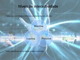 Níveis de interactividade

Podem ser indentificados três niveis de interactividade, são eles:




                                        Reactiva



                             Coactiva             Proactiva



Estes classificam-se em baixa, média e elevada.
 