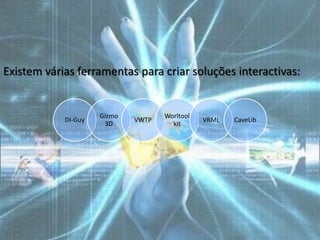 Existem várias ferramentas para criar soluções interactivas:


                     Gizmo          Worltool
            DI-Guy           VWTP              VRML   CaveLib
                      3D              kit
 