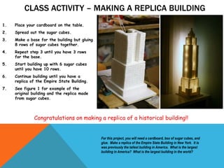 CLASS ACTIVITY – MAKING A REPLICA BUILDING
For this project, you will need a cardboard, box of sugar cubes, and
glue. Make a replica of the Empire State Building in New York. It is
was previously the tallest building in America. What is the largest
building in America? What is the largest building in the world?
1. Place your cardboard on the table.
2. Spread out the sugar cubes.
3. Make a base for the building but gluing
8 rows of sugar cubes together.
4. Repeat step 3 until you have 3 rows
for the base.
5. Start building up with 6 sugar cubes
until you have 10 rows.
6. Continue building until you have a
replica of the Empire State Building.
7. See figure 1 for example of the
original building and the replica made
from sugar cubes.
Congratulations on making a replica of a historical building!!
 