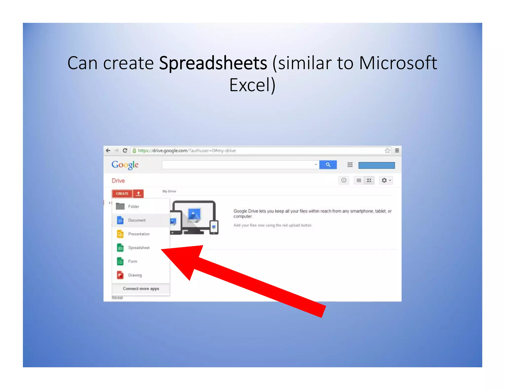 Can create Spreadsheets (similar to Microsoft
Excel)
 