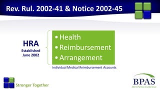 2015 Partner ConferenceStronger Together
Rev. Rul. 2002-41 & Notice 2002-45
HRA
Established
June 2002
•Health
•Reimbursement
•Arrangement
Individual Medical Reimbursement Accounts
 