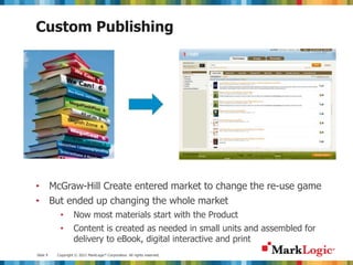 Slide 9 Copyright © 2012 MarkLogic® Corporation. All rights reserved.
Custom Publishing
• McGraw-Hill Create entered market to change the re-use game
• But ended up changing the whole market
• Now most materials start with the Product
• Content is created as needed in small units and assembled for
delivery to eBook, digital interactive and print
 