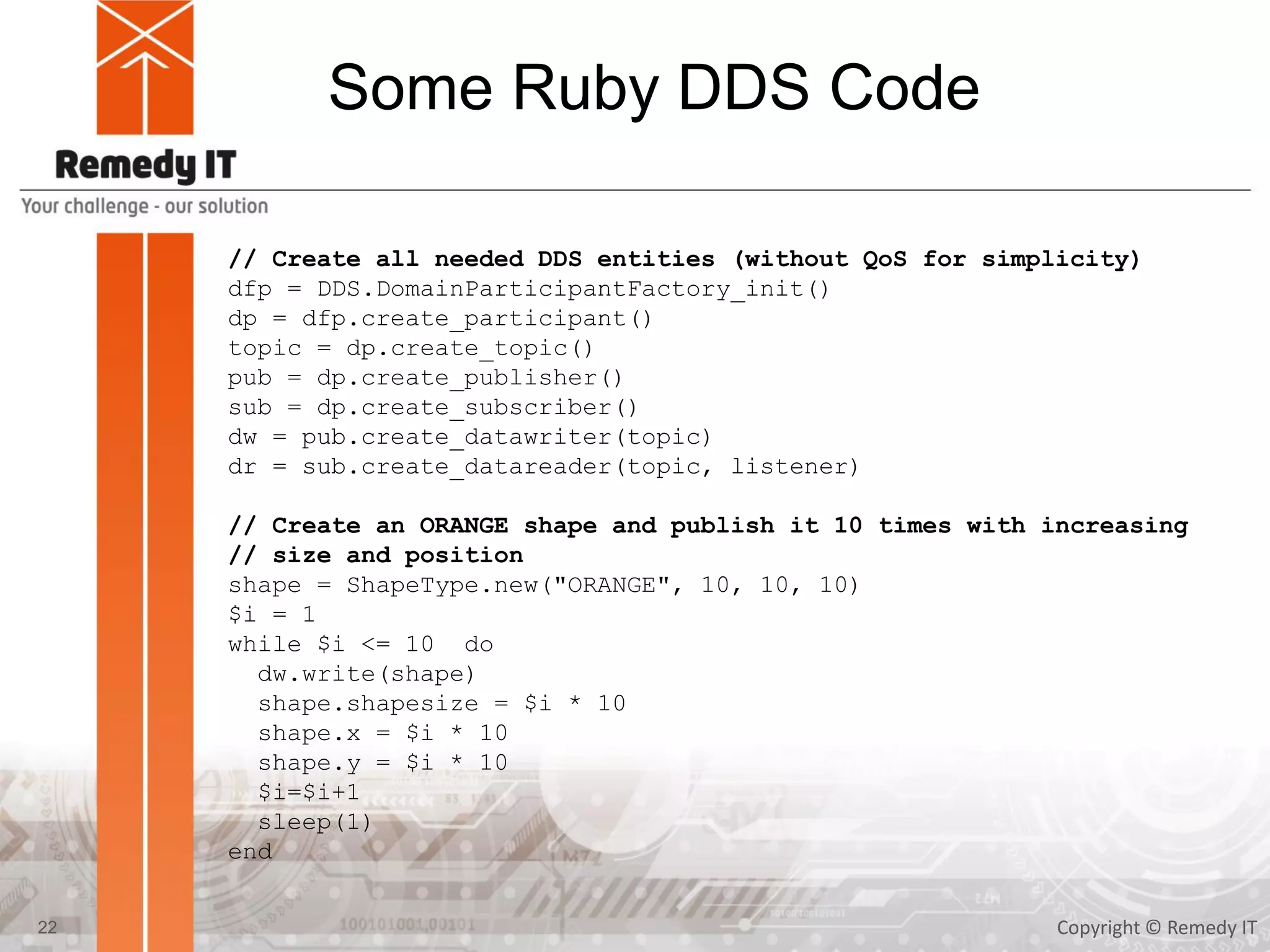 Some Ruby DDS Code
Copyright © Remedy IT22
// Create all needed DDS entities (without QoS for simplicity)
dfp = DDS.DomainParticipantFactory_init()
dp = dfp.create_participant()
topic = dp.create_topic()
pub = dp.create_publisher()
sub = dp.create_subscriber()
dw = pub.create_datawriter(topic)
dr = sub.create_datareader(topic, listener)
// Create an ORANGE shape and publish it 10 times with increasing
// size and position
shape = ShapeType.new("ORANGE", 10, 10, 10)
$i = 1
while $i <= 10 do
dw.write(shape)
shape.shapesize = $i * 10
shape.x = $i * 10
shape.y = $i * 10
$i=$i+1
sleep(1)
end
 