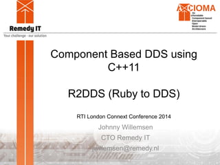 Component Based DDS using
C++11
R2DDS (Ruby to DDS)
RTI London Connext Conference 2014
Johnny Willemsen
CTO Remedy IT
jwillemsen@remedy.nl
 