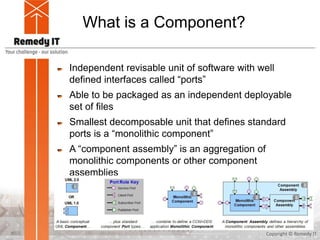What is a Component?
Independent revisable unit of software with well
defined interfaces called “ports”
Able to be packaged as an independent deployable
set of files
Smallest decomposable unit that defines standard
ports is a “monolithic component”
A “component assembly” is an aggregation of
monolithic components or other component
assemblies
Copyright © Remedy IT7
 