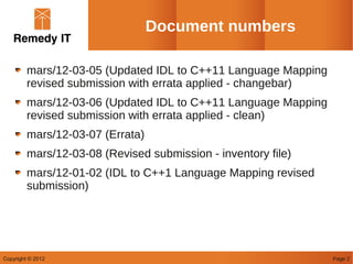 Document numbers

         mars/12-03-05 (Updated IDL to C++11 Language Mapping
         revised submission with errata applied - changebar)
         mars/12-03-06 (Updated IDL to C++11 Language Mapping
         revised submission with errata applied - clean)
         mars/12-03-07 (Errata)
         mars/12-03-08 (Revised submission - inventory file)
         mars/12-01-02 (IDL to C++1 Language Mapping revised
         submission)




Copyright © 2012                                                Page 2
 