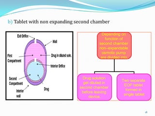 b) Tablet with non expanding second chamber
Depending on
function of
second chamber
non–expandable
osmotic pump
are divided into,
Drug solution
get diluted in
second chamber
before leaving
device.
Two separate
EOP tablet
formed in
single tablet
18
 