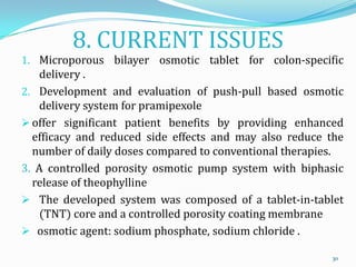 8. CURRENT ISSUES
1. Microporous bilayer osmotic tablet for colon-specific
delivery .
2. Development and evaluation of push-pull based osmotic
delivery system for pramipexole
 offer significant patient benefits by providing enhanced
efficacy and reduced side effects and may also reduce the
number of daily doses compared to conventional therapies.
3. A controlled porosity osmotic pump system with biphasic
release of theophylline
 The developed system was composed of a tablet-in-tablet
(TNT) core and a controlled porosity coating membrane
 osmotic agent: sodium phosphate, sodium chloride .
30
 