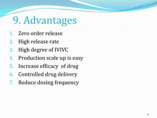 9. Advantages
1. Zero order release
2. High release rate
3. High degree of IVIVC
4. Production scale up is easy
5. Increase efficacy of drug
6. Controlled drug delivery
7. Reduce dosing frequency
31
 