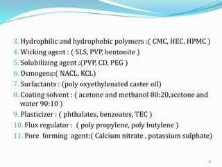 3. Hydrophilic and hydrophobic polymers :( CMC, HEC, HPMC )
4. Wicking agent : ( SLS, PVP, bentonite )
5. Solubilizing agent :(PVP, CD, PEG )
6. Osmogens:( NACL, KCL)
7. Surfactants : (poly oxyethylenated caster oil)
8. Coating solvent : ( acetone and methanol 80:20,acetone and
water 90:10 )
9. Plasticizer : ( phthalates, benzoates, TEC )
10. Flux regulator : ( poly propylene, poly butylene )
11. Pore forming agent:( Calcium nitrate , potassium sulphate)
6
 
