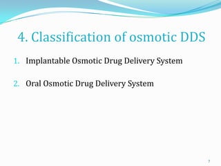 4. Classification of osmotic DDS
1. Implantable Osmotic Drug Delivery System
2. Oral Osmotic Drug Delivery System
7
 