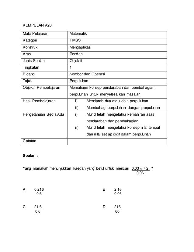 Contoh Soalan Timss Matematik Tingkatan 1 - Selangor w