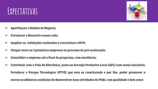 Expectativas
➢ Aperfeiçoar o Modelo de Negócio;
➢ Fortalecer o Network e nossa rede;
➢ Ampliar as validações realizadas e concretizar o MVP;
➢ Chegar entre as 3 primeiras empresas no processo de pré-aceleração;
➢ Consolidar a empresa até o final do programa, com excelência;
➢ Contribuir com o Vale da Eletrônica, junto ao Arranjo Produtivo Local (APL) com nossa iniciativa,
fortalecer o Parque Técnologico (PTVE) que esta se constituindo e por fim, poder promover a
outros acadêmicos condições de desenvolver suas atividades de PD&I, com qualidade e bem estar.
 
