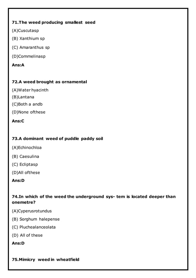 100 mcq related questions on weed management