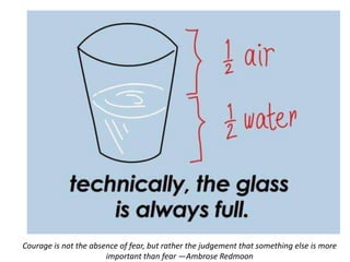 Courage is not the absence of fear, but rather the judgement that something else is more
                       important than fear —Ambrose Redmoon
 