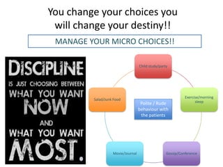 You change your choices you
 will change your destiny!!
 MANAGE YOUR MICRO CHOICES!!

                                   Child study/party




                                                             Exercise/morning
         Salad/Junk Food
                                    Polite / Rude                  sleep
                                   behaviour with
                                    the patients




                   Movie/Journal                   Gossip/Conference
 