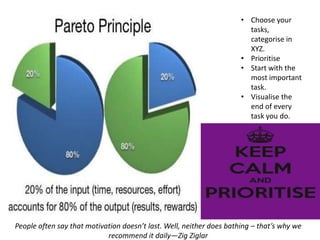 • Choose your
                                                                        tasks,
                                                                        categorise in
                                                                        XYZ.
                                                                      • Prioritise
                                                                      • Start with the
                                                                        most important
                                                                        task.
                                                                      • Visualise the
                                                                        end of every
                                                                        task you do.




People often say that motivation doesn’t last. Well, neither does bathing – that’s why we
                            recommend it daily—Zig Ziglar
 