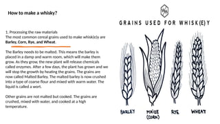 How to make a whisky?
1. Processing the raw materials
The most common cereal grains used to make whisk(e)y are
Barley, Corn, Rye, and Wheat.
The Barley needs to be malted. This means the barley is
placed in a damp and warm room, which will make them
grow. As they grow, the new plant will release chemicals
called enzymes. After a few days, the plant has grown and we
will stop the growth by heating the grains. The grains are
now called Malted Barley. The malted barley is now crushed
into a type of coarse flour and mixed with warm water. The
liquid is called a wort.
Other grains are not malted but cooked. The grains are
crushed, mixed with water, and cooked at a high
temperature.
 