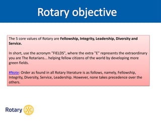 The 5 core values of Rotary are Fellowship, Integrity, Leadership, Diversity and
Service.
In short, use the acronym "FIELDS", where the extra "E" represents the extraordinary
you are The Rotarians... helping fellow citizens of the world by developing more
green fields.
‪#‪Note‪: Order as found in all Rotary literature is as follows, namely, Fellowship,
Integrity, Diversity, Service, Leadership. However, none takes precedence over the
others.
 