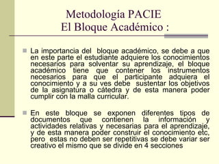 La importancia del  bloque académico, se debe a que en este parte el estudiante adquiere los conocimientos necesarios para solventar su aprendizaje, el bloque académico tiene que contener los instrumentos necesarios para que el participante adquiera el conocimiento y a su ves debe  sustentar los objetivos de la asignatura o cátedra y de esta manera poder cumplir con la malla curricular.  En este bloque se exponen diferentes tipos de documentos que contienen la información y actividades relativas y necesarias para el aprendizaje, y de esta manera poder construir el conocimiento etc, pero  estas no deben ser repetitivas se debe variar ser creativo el mismo que se divide en 4 secciones  Metodología PACIE  El Bloque Académico : 