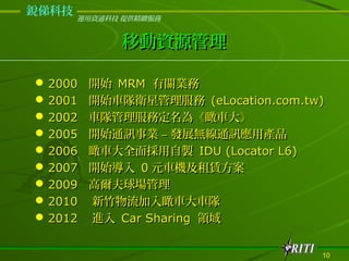 dƼ
       \YͨƼ ṩ@


             ƄYԴ

? 2000 _ʼ MRM PI
? 2001 _ʼ܇lǹ (eLocation.com.tw)
? 2002 ܇꠹ն顶܇
? 2005 _ʼͨӍI C lչoͨӍîaƷ
? 2006 ܇ȫu IDU (Locator L6)
? 2007 _ʼ 0 Ԫ܇CU
? 2009 ߠ
? 2010 ܇܇
? 2012 M Car Sharing I


                                   10
 