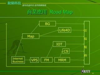 dƼ
       \YͨƼ ṩ@


            ̘I Road Map

                   BG
                         Life4D    

            Map
                                   

                        IOT
                                   
                              CS
                                   
 Internet
 Business    VPS   FM   MRM


                                       4
 