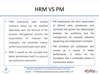 TRINITY INSTITUTE OF PROFESSIONAL STUDIES
Sector – 9, Dwarka Institutional Area, New Delhi-75
HRM VS PM
• HRM emphasizes open minded
contracts, which can be modified
depending upon the demand of the
business. Management assumes the
responsibility to motivate the
employees and constantly inspires
performance based upon team spirit.
• HRM is based on the principle that
better performance itself is a cause of
job satisfaction and morale.
• PM emphasizes the strict observance
of defined rules, procedures, and
contracts that govern the relationships
between the workforce and the
management; for example collective
bargaining and employment contracts.
• PM considers job satisfaction and
morale as a source of better
performance. It works on the
foundation that a contended worker is
a productive worker.
 