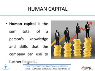 TRINITY INSTITUTE OF PROFESSIONAL STUDIES
Sector – 9, Dwarka Institutional Area, New Delhi-75
HUMAN CAPITAL
• Human capital is the
sum total of a
person's knowledge
and skills that the
company can use to
further its goals.
 