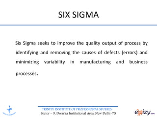 TRINITY INSTITUTE OF PROFESSIONAL STUDIES
Sector – 9, Dwarka Institutional Area, New Delhi-75
SIX SIGMA
Six Sigma seeks to improve the quality output of process by
identifying and removing the causes of defects (errors) and
minimizing variability in manufacturing and business
processes.
 
