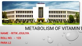 NAME - RITIK JOULIYA
ROLL NO. - 123
PARA L2
METABOLISM OF VITAMIN D
 