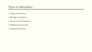 Types of Inheritance
 Single Inheritance
 Multiple Inheritance
 Hierarchical Inheritance
 Multilevel Inheritance
 Hybrid Inheritance
 