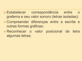  Estabelecer correspondência entre o
grafema e seu valor sonoro (letras isoladas);
 Compreender diferenças entre a escrita e
outras formas gráficas;
 Reconhecer o valor posicional de letra
algumas letras;
 