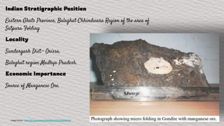 Indian Stratigraphic Position
Eastern Ghats Province, Balaghat Chhindwara Region of the area of
Satpura Folding
Locality
Sundargarh Dist.- Orissa,
Balaghat region Madhya Pradesh.
Economic Importance
Source of Manganese Ore.
Image Source : https://ijisrt.com/assets/upload/files/IJISRT20JAN595.pdf
 