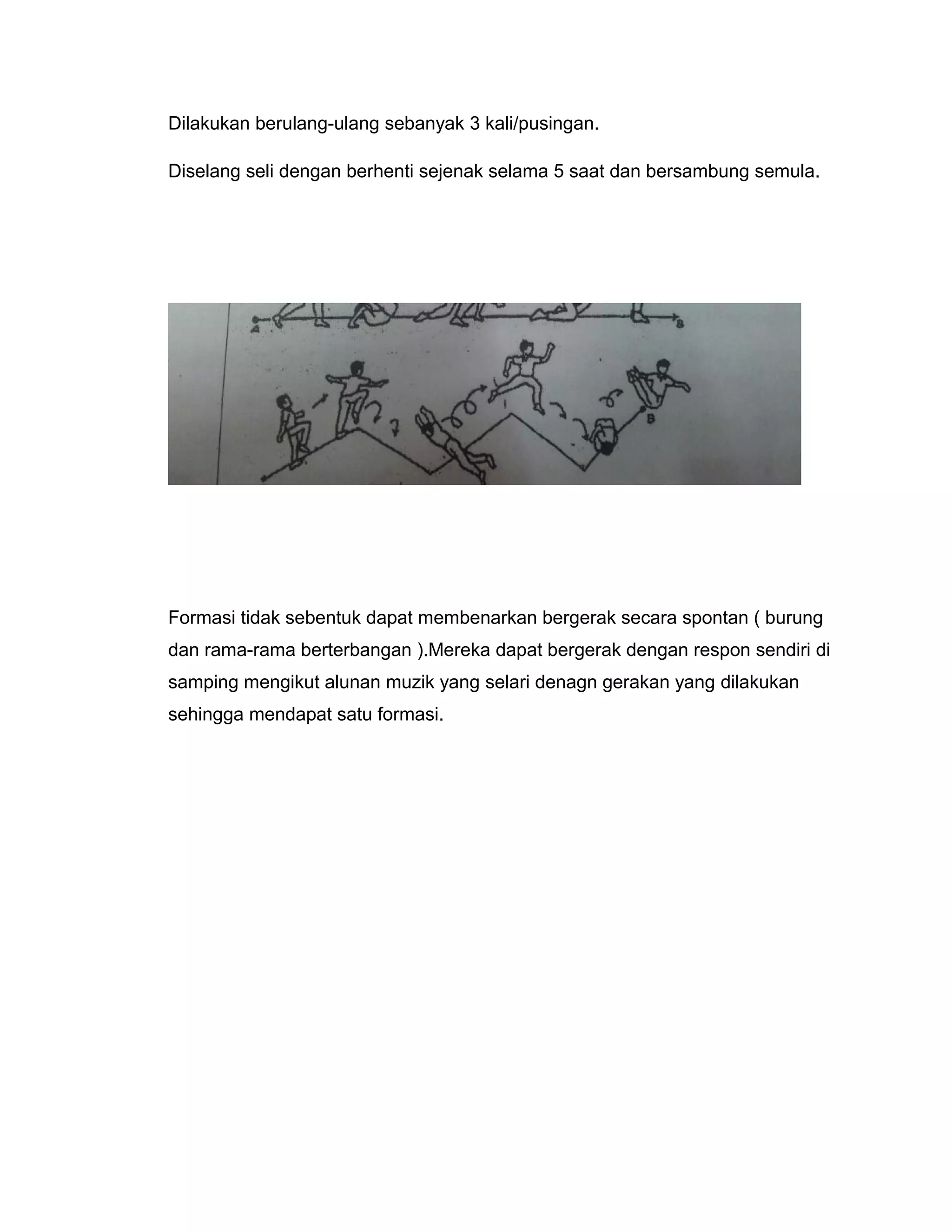 Dilakukan berulang-ulang sebanyak 3 kali/pusingan.
Diselang seli dengan berhenti sejenak selama 5 saat dan bersambung semula.
Formasi tidak sebentuk dapat membenarkan bergerak secara spontan ( burung
dan rama-rama berterbangan ).Mereka dapat bergerak dengan respon sendiri di
samping mengikut alunan muzik yang selari denagn gerakan yang dilakukan
sehingga mendapat satu formasi.
 