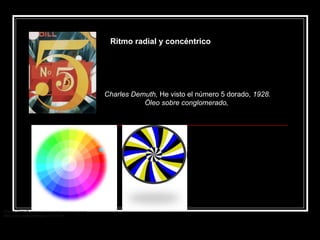 Charles Demuth,  He visto el número 5 dorado,  1928. Óleo sobre conglomerado, 90  3  76 cm. Charles Demuth,  He visto el número 5 dorado,  1928. Óleo sobre conglomerado,  Ritmo radial y concéntrico 