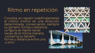 Ritmo en repetición
Consiste en repetir indefinidamente
el mismo motivo en una dirección
determinada, conservando siempre
su tamaño, forma y distancia.
La figura se repite varias
veces de la misma manera,
conserva su tamaño
forma y distancia entre uno
y otro.
 