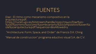 FUENTES
Diaz - El ritmo como mecanismo compositivo en la
arquitectura.pdf,
https://riunet.upv.es/bitstream/handle/10251/179401/Diaz%20-
%20El%20ritmo%20como%20mecanismo%20compositivo%20en%2
0la%20arquitectura.pdf?sequence=1&isAllowed=y
"Architecture: Form, Space, and Order" de Francis D.K. Ching
“Manual de construccion” programa eductivo visual S.A. de C.V.
 