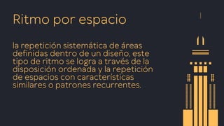 Ritmo por espacio
la repetición sistemática de áreas
definidas dentro de un diseño, este
tipo de ritmo se logra a través de la
disposición ordenada y la repetición
de espacios con características
similares o patrones recurrentes.
 