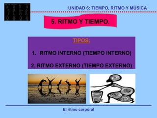 UNIDAD 6: TIEMPO, RITMO Y MÚSICA


      5. RITMO Y TIEMPO.


               TIPOS:

1. RITMO INTERNO (TIEMPO INTERNO)

2. RITMO EXTERNO (TIEMPO EXTERNO)




          El ritmo corporal
 